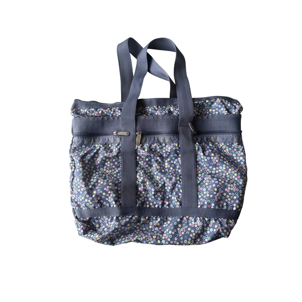 LeSportsac Gray Polka Dot Nylon Tote Bag Pink Lining Zip Pockets Travel Carryall